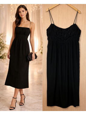 NEW J Crew Gathered Waist Silk Midi Dress Womens Size 16 Black Formal Event